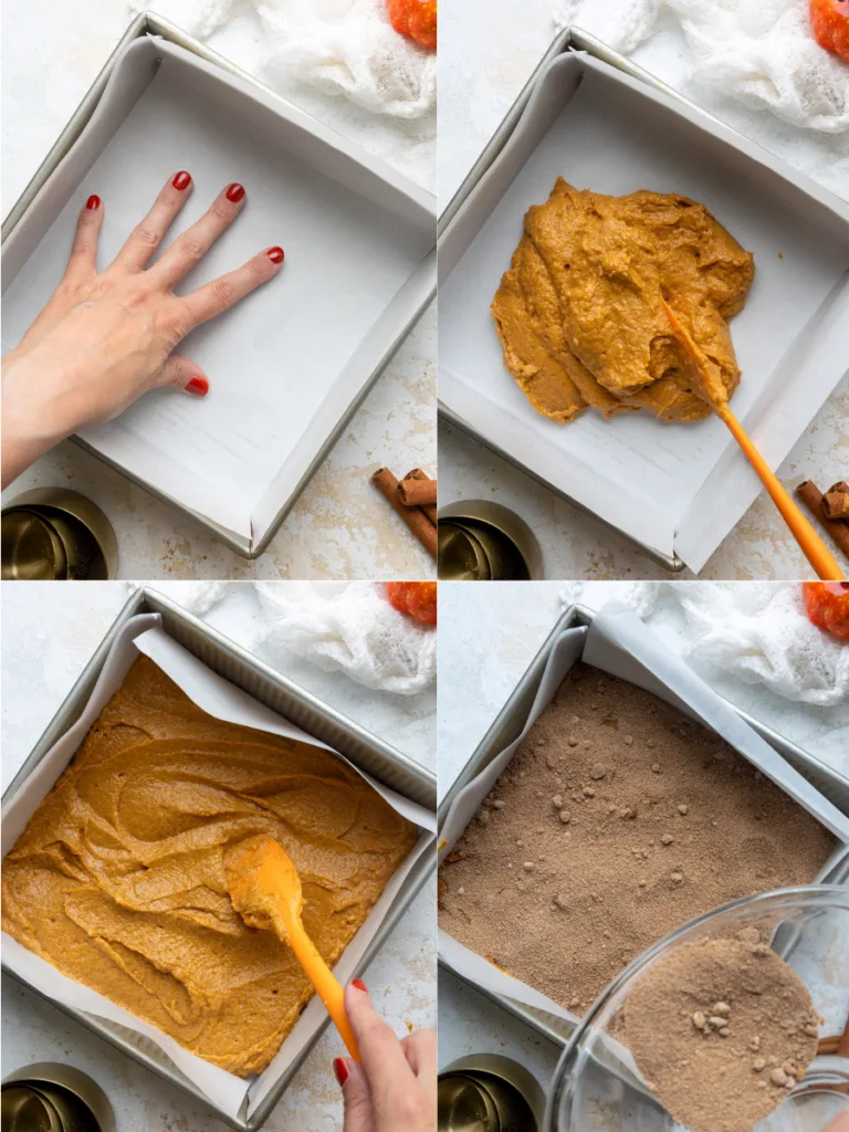 image of coffee cake batter being scooped into a metal, square pan