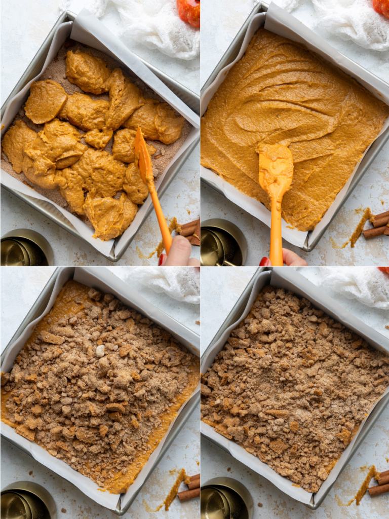 image of pumpkin coffee cake being poured into a metal square 8x8-inch pan and being topped with biscoff streusel before being baked