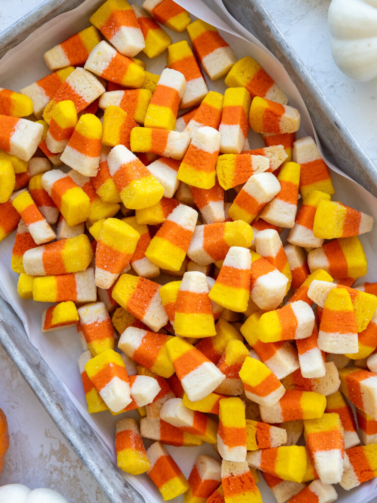 image of candy corn cookies that have ben placed in a tray