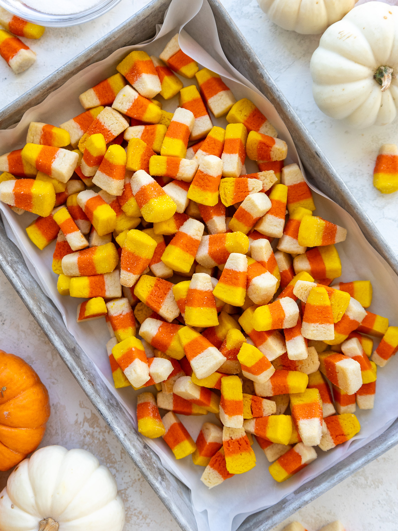 image of candy corn cookies that have ben placed in a tray