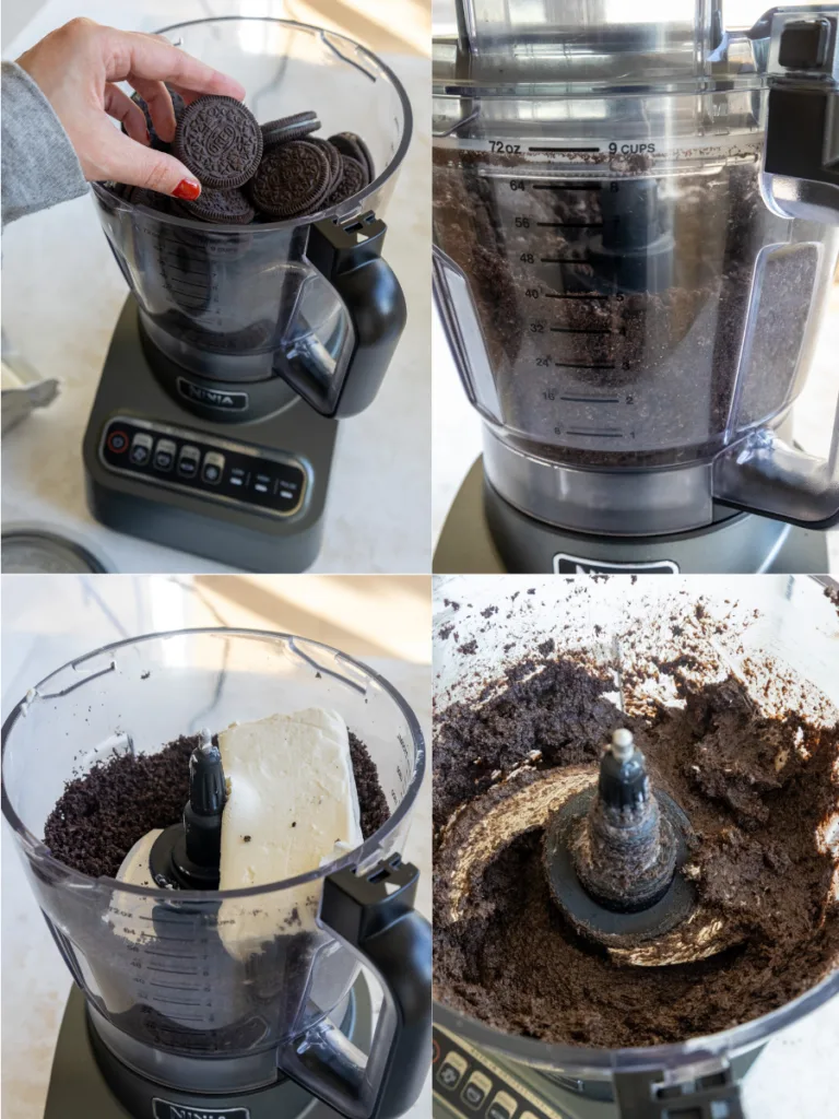 image of oreos and cream cheese being blended together in a  food processor