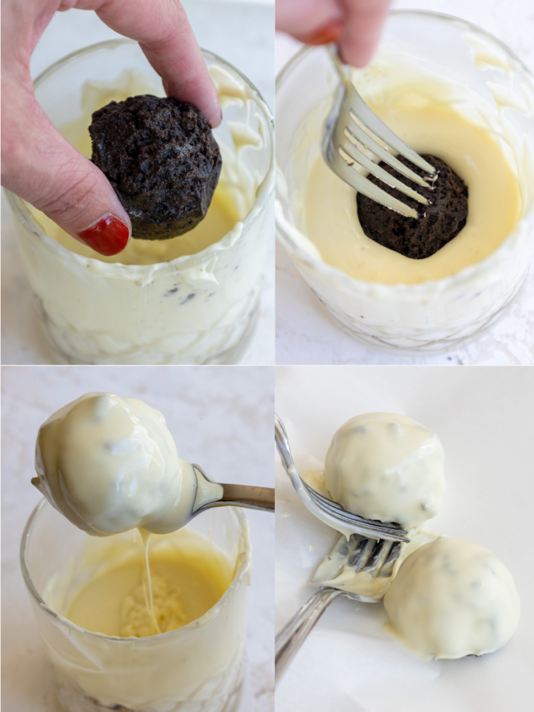 image of Oreo cake balls being dunked in white chocolate