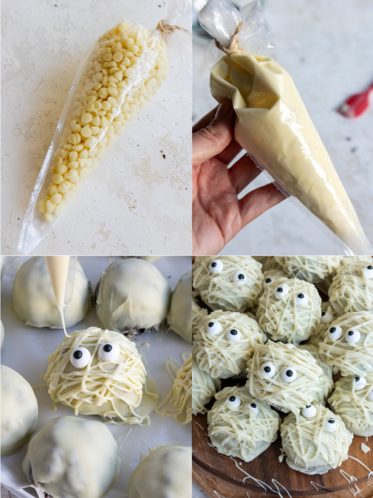 image of mummy cake pops being drizzled with white chocolate