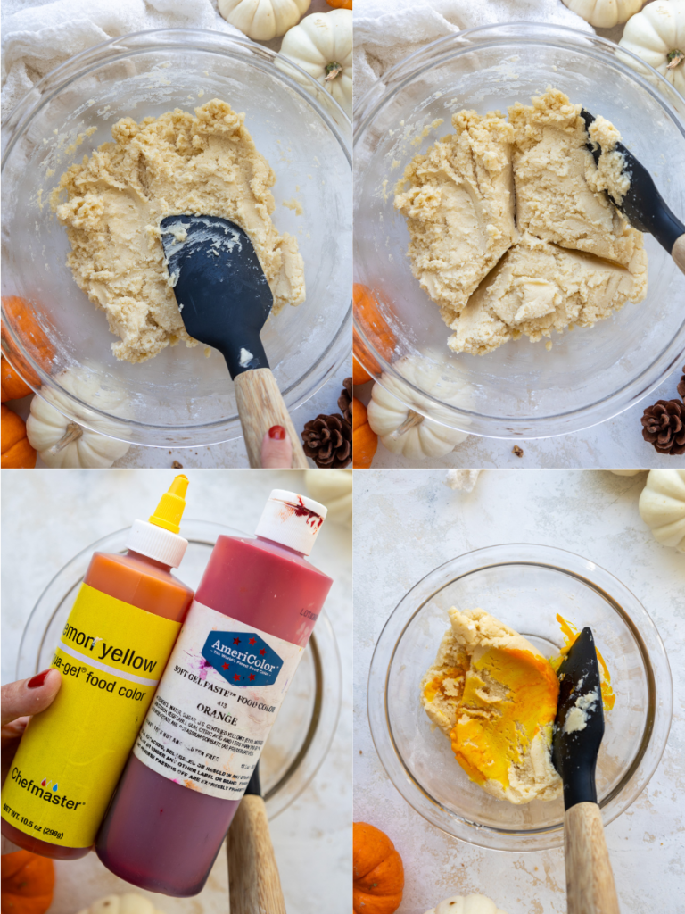 dough being colored with gel food coloring to make candy corn cookies