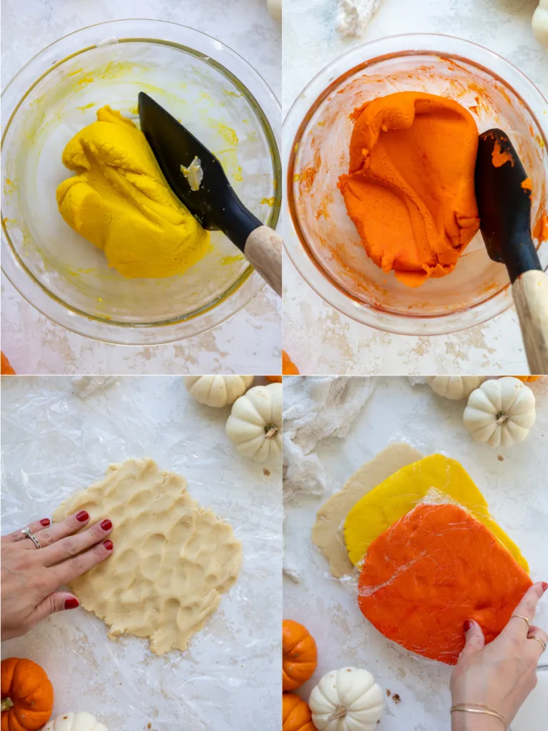 image of cookie dough being colored and chilled to make candy corn cookies