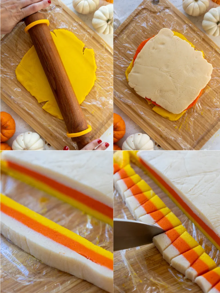 image of colored cookie dough being stacked and cut to make candy corn cookies