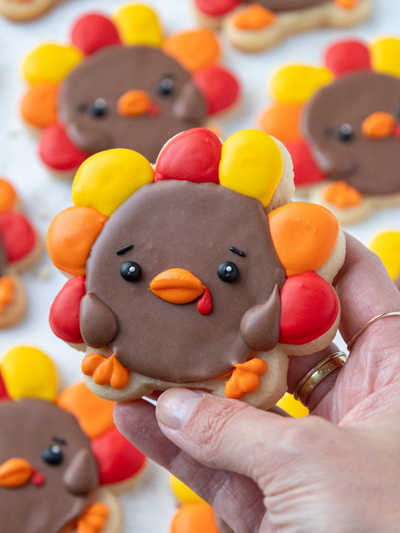 image of a turkey sugar cookie decorated with chocolate royal icing