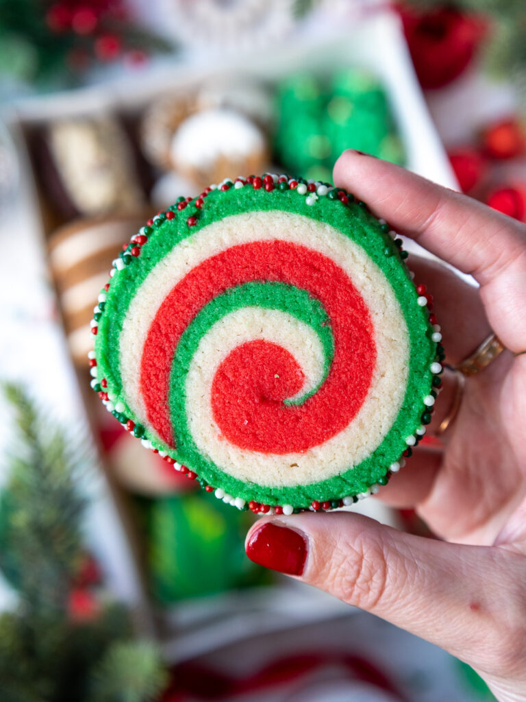 image of a green, red, and white swirled christmas cookie