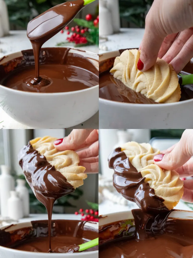 image of butter cookies being dipped in chocolate