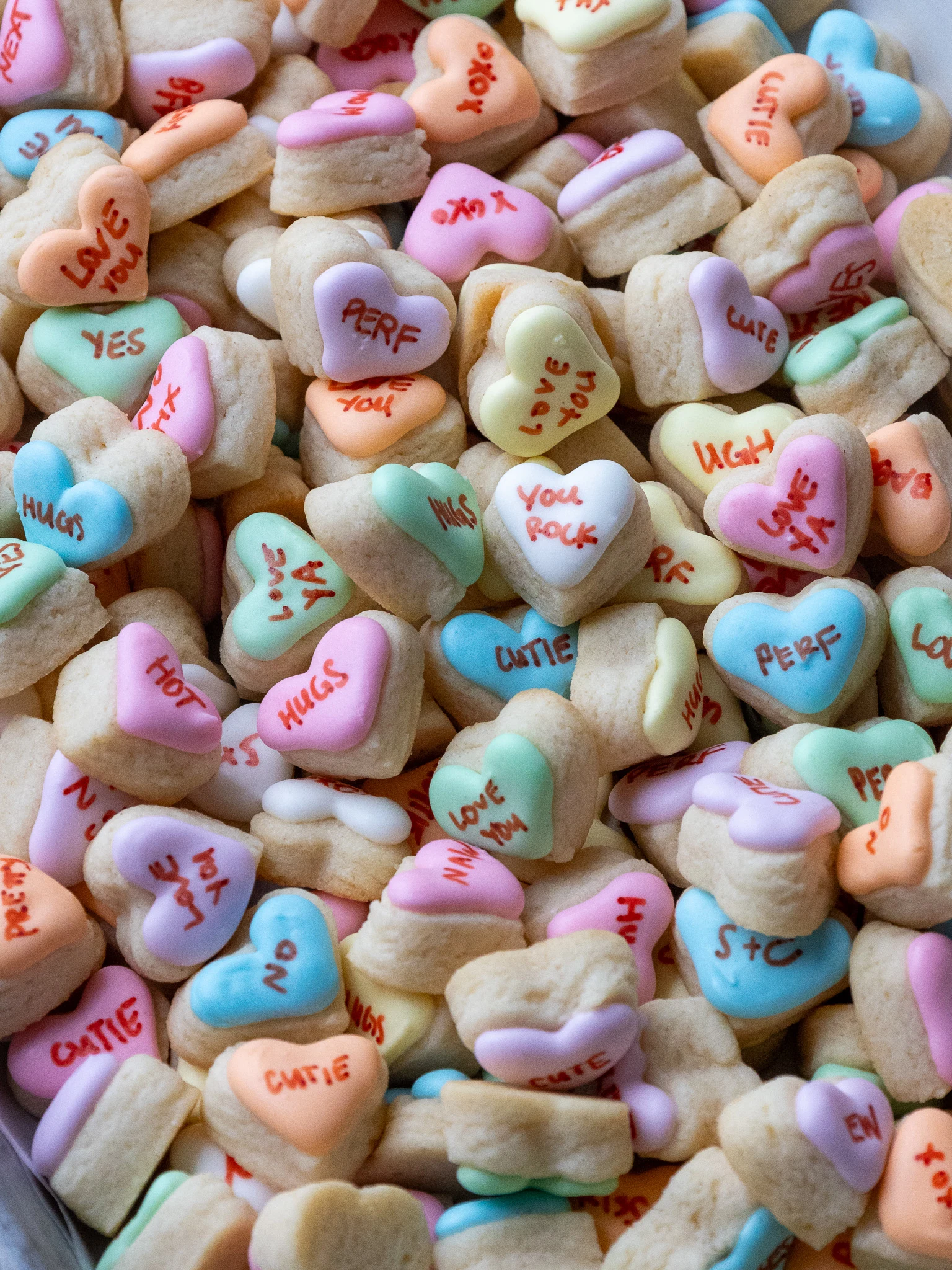 image of mini conversation heart cookies