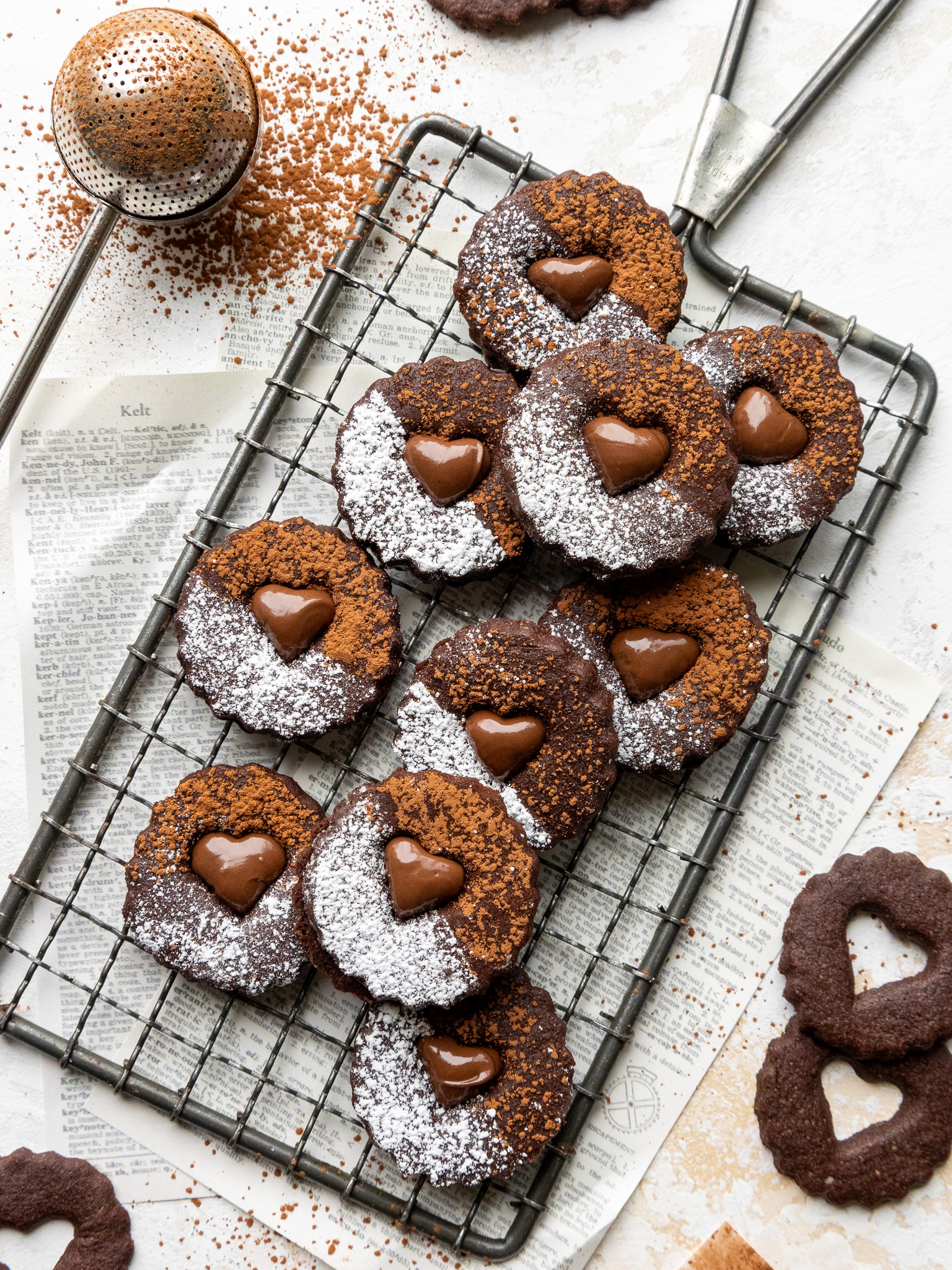 image of chocolate linzer cookies that are filled with Nutella