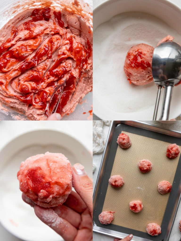 image of strawberry sugar cookies being scooped and rolled in sugar