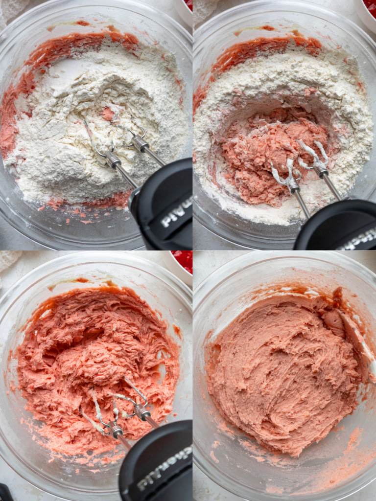 image of dry ingredients being mixed into wet ingredients to make strawberry sugar cookies