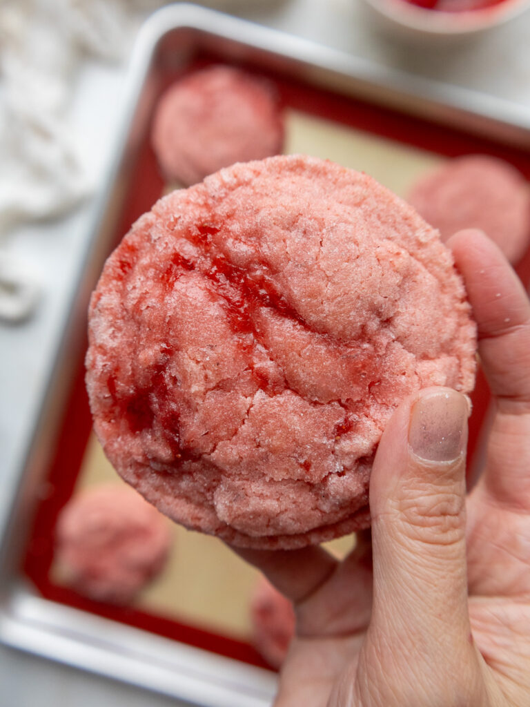 image of strawberry sugar cookies that have been marbled with strawberry reduction