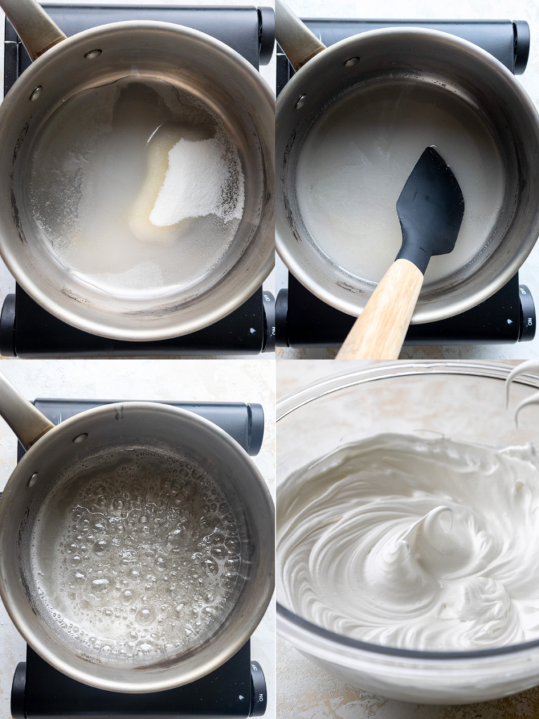 image of sugar syrup being heated and mixed into a marshmallow mixture
