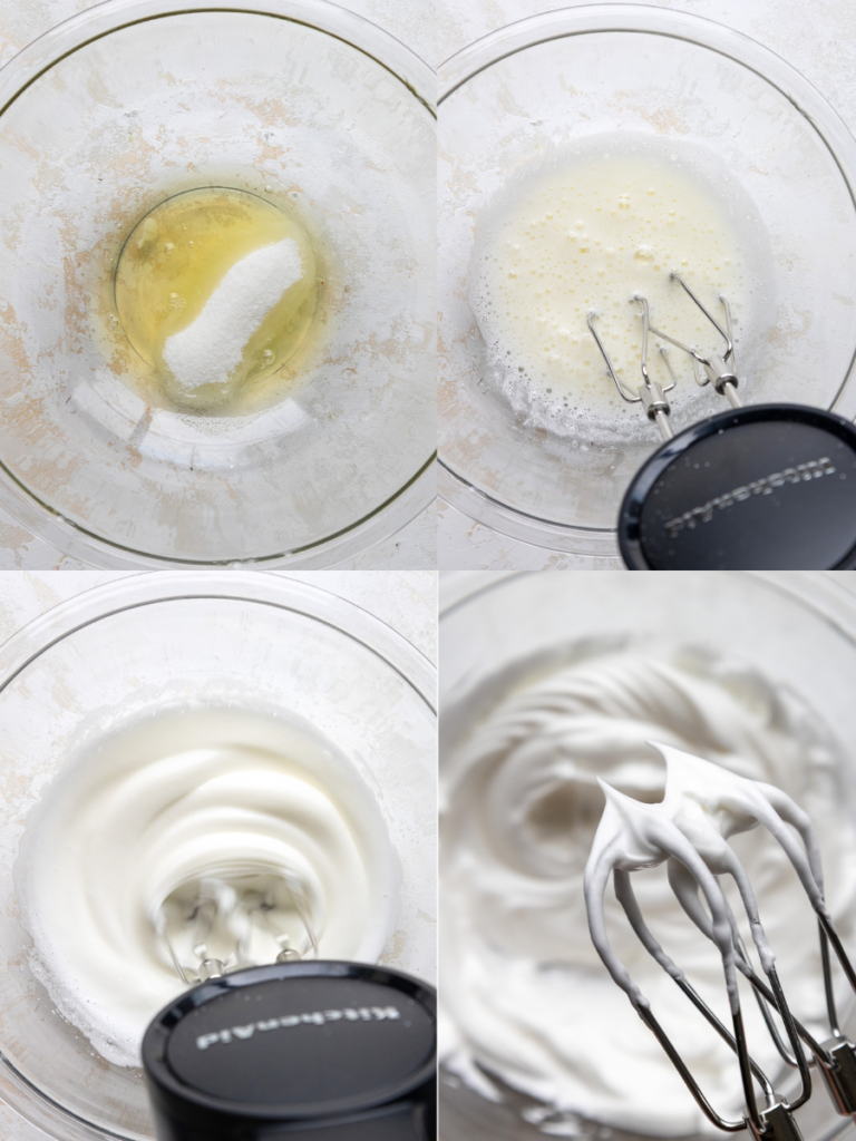 image of egg whites being whipped up with sugar to stiff peaks