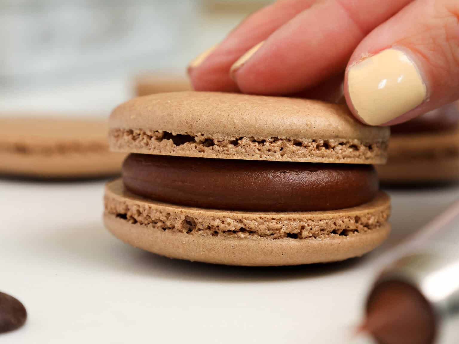 image of a french chocolate macaron being filled with a semi sweet chocolate ganache