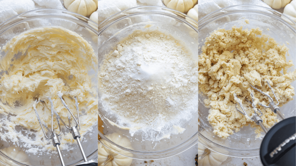 image of cream cheese cookie dough being made in a glass bowl