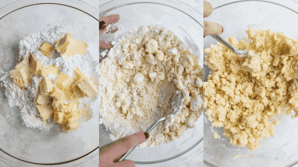 image of a shortbread crust being mixed together in a glass bowl
