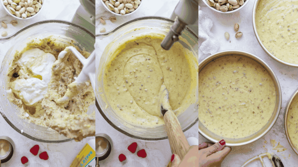 image of pistachio cake batter being made in a stand mixer