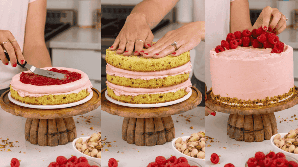 image of a raspberry pistachio cake being made