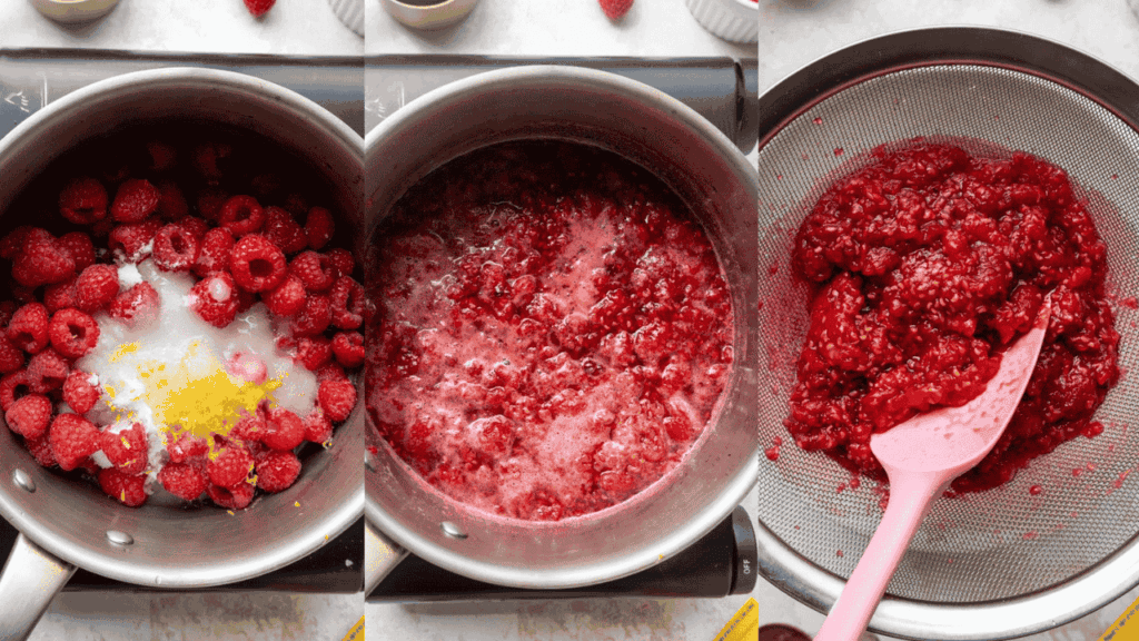 image of raspberry cake filling being made