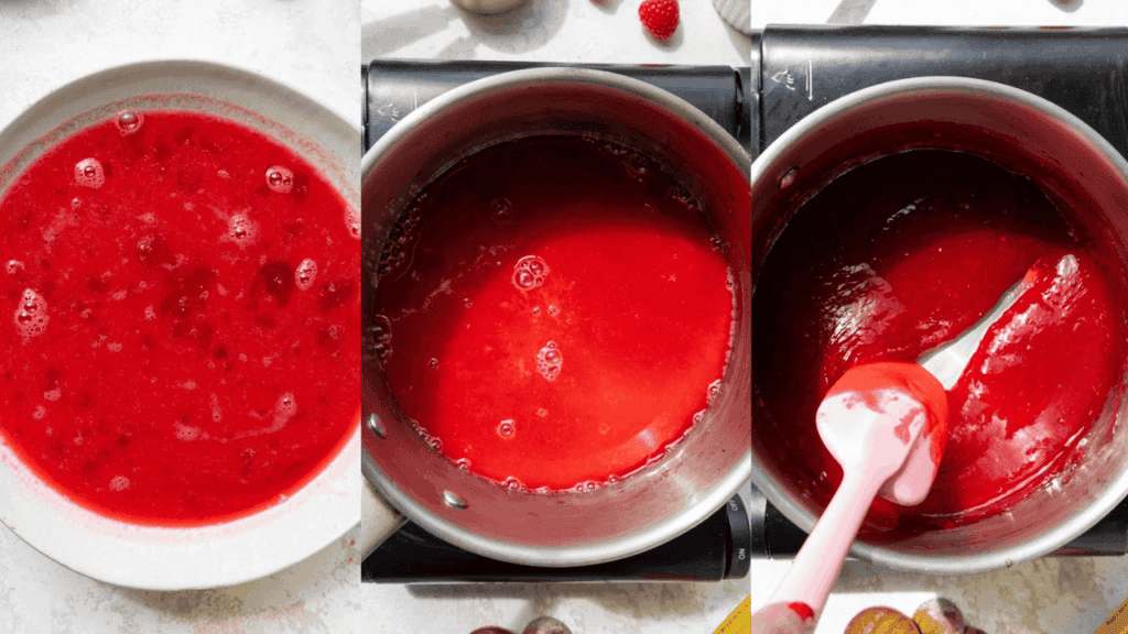 image of raspberry cake filling being made