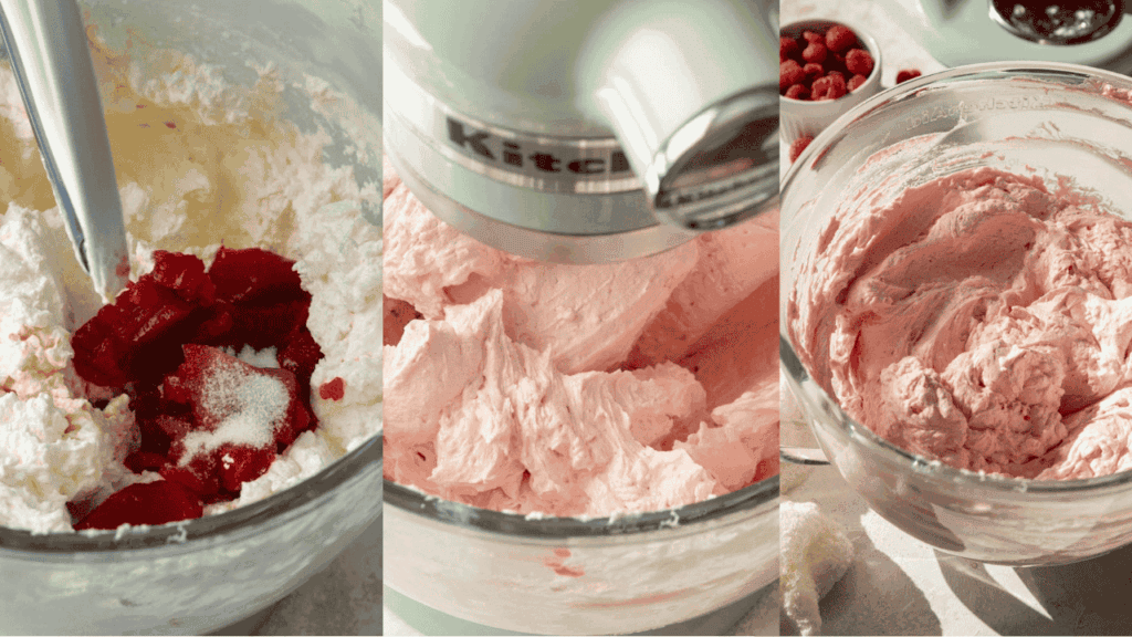 image of raspberry swiss meringue buttercream being made in a stand mixer