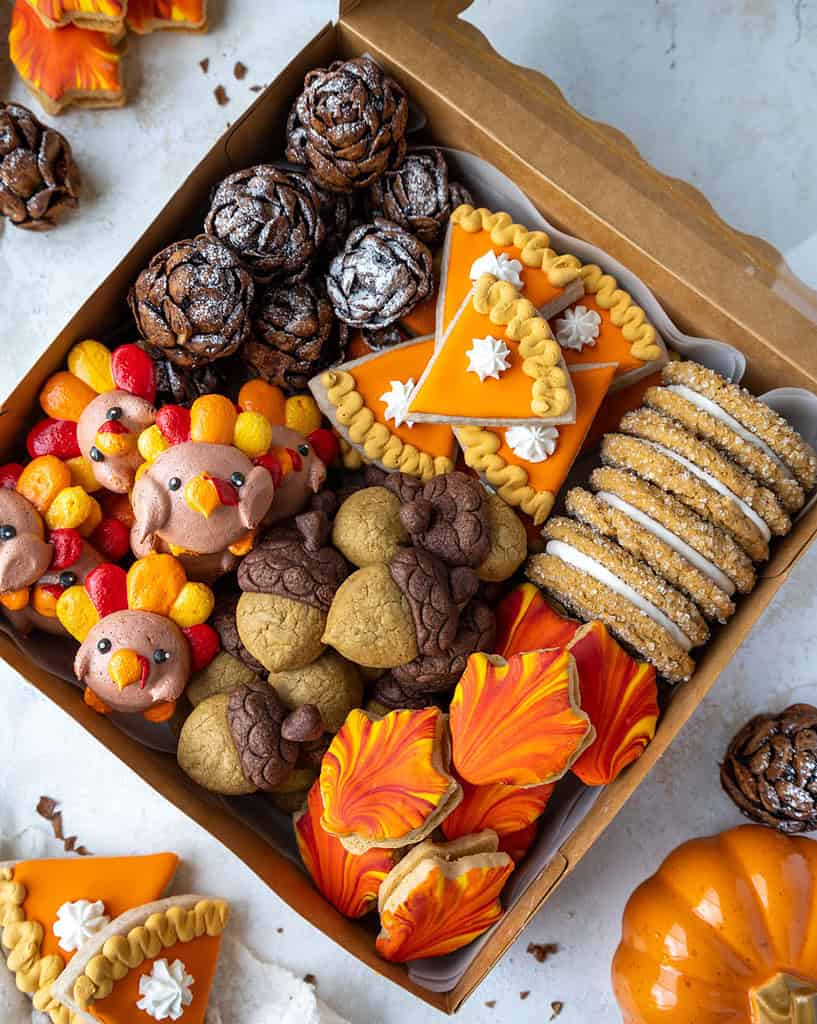 image of a cute thanksgiving cookie box that's been made with turkey meringues, acorn cookies, brownie pine cones, pumpkin pie sugar cookies, maple leaf cookies, and gingerbread sandwich cookies