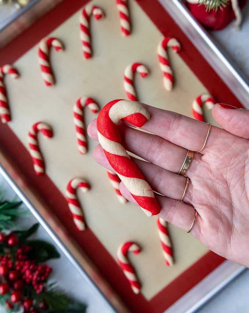 image of candy cane shaped and flavored cookies that have been baked and are cooling on a baking tray