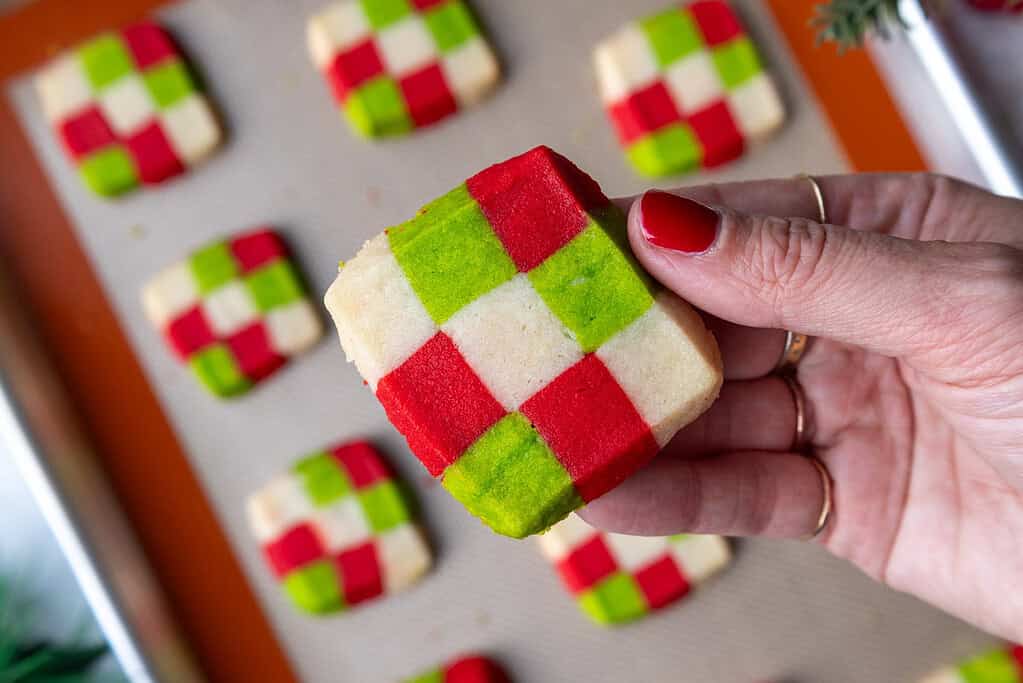 image of christmas checkerboard shortbread cookies that have been baked 