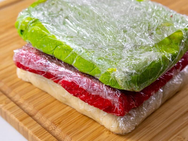 image of shortbread dough that's been colored to make Christmas checkerboard cookies