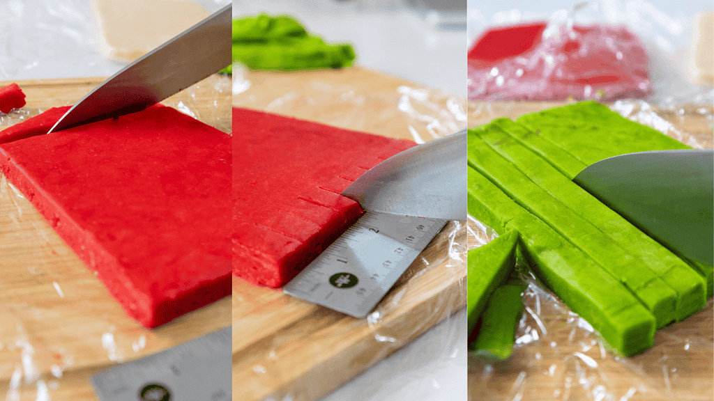 image of shortbread dough being cut into strips to make checkerboard cookies