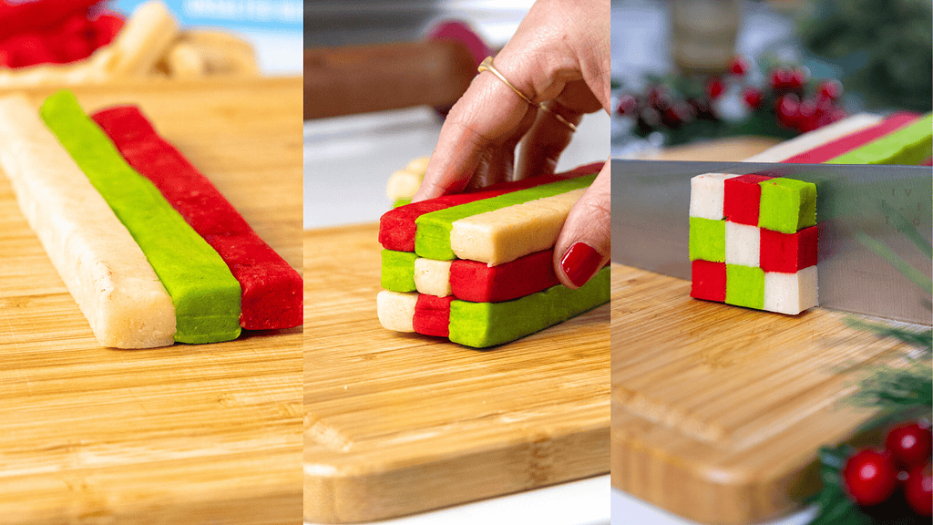 image of checkerboard shortbread cookie dough being assembled