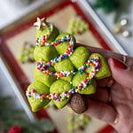 image of a christmas tree cookie being held up to show it's details