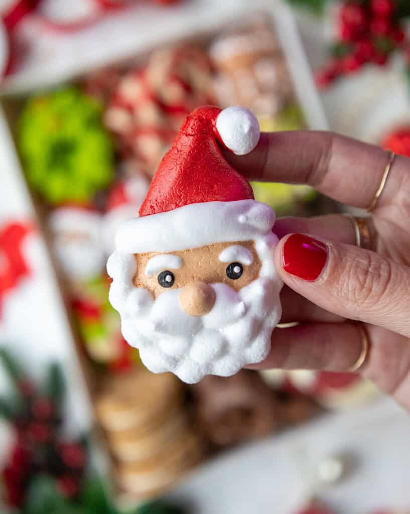 image of a santa meringue that's been made for a christmas cookie box