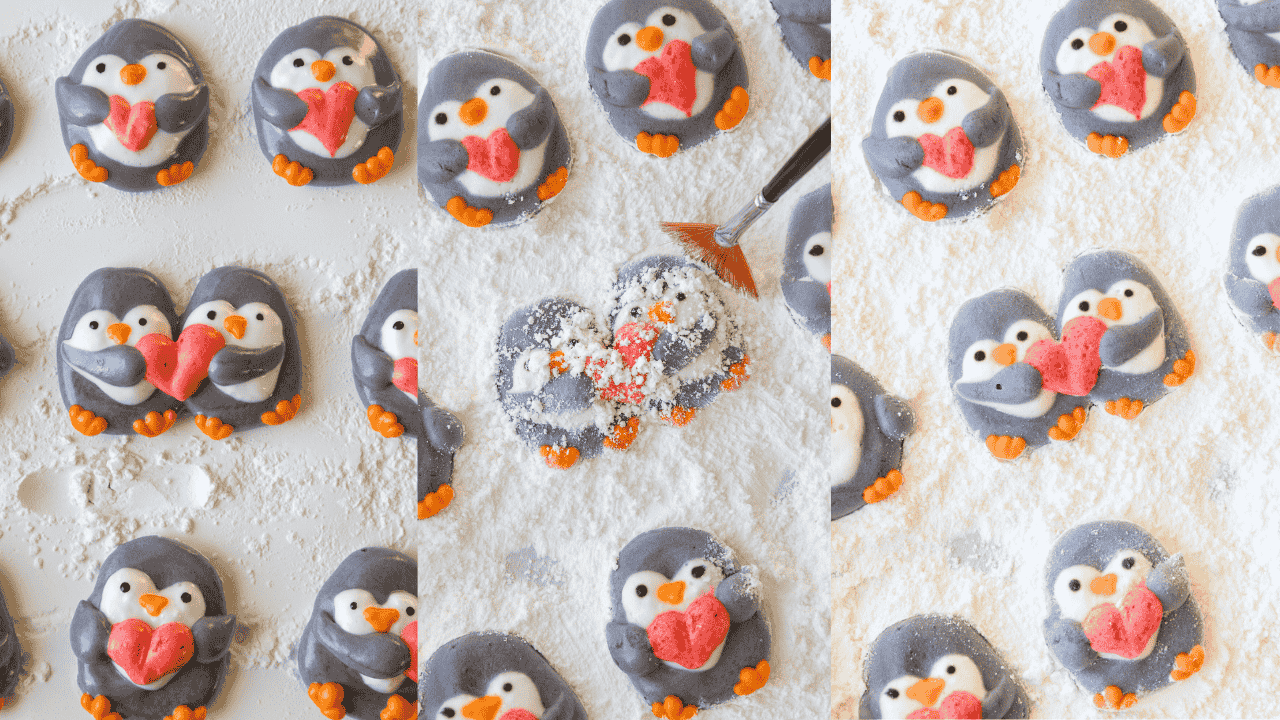 image of penguin marshmallows being dusted with cornstarch and powdered sugar