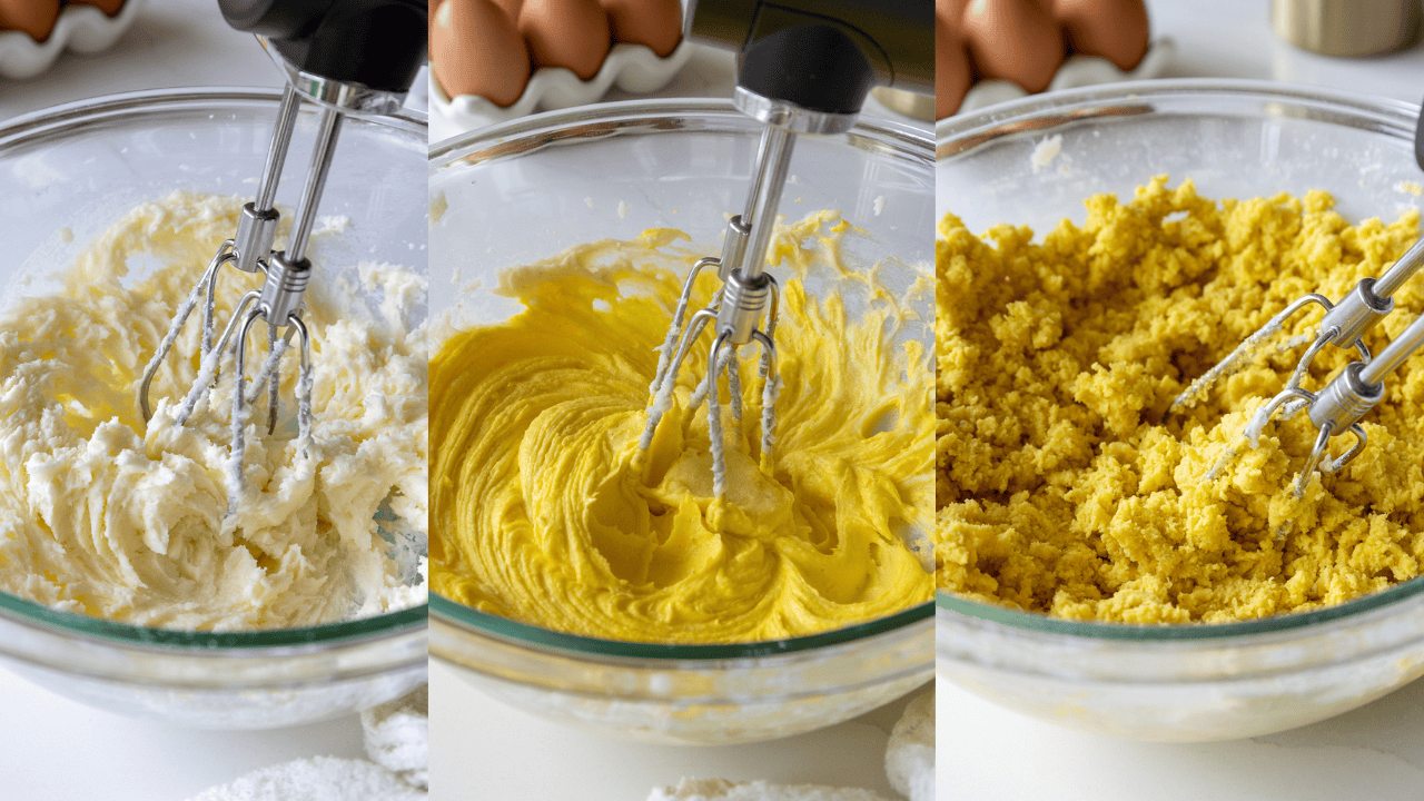 image of yellow cream cheese cookie dough being made to make chick cookies for Easter