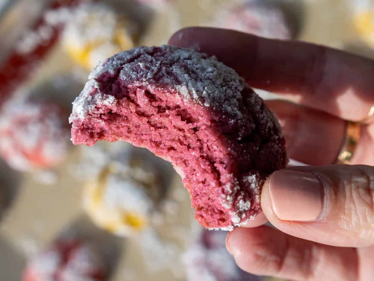 image of a purple crinkle cookie that's been bitten into