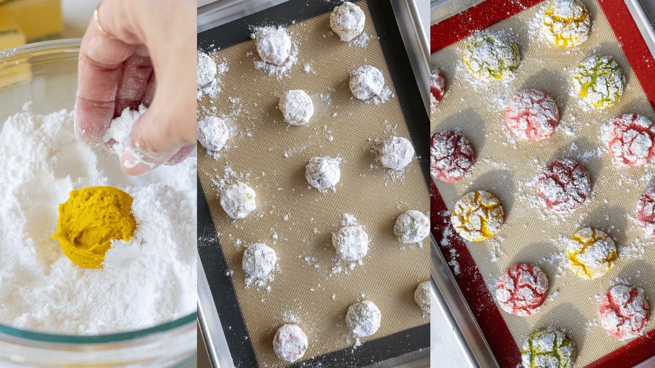 image of crinkle cookies being rolled in powdered sugar and baked on an aluminum baking sheet