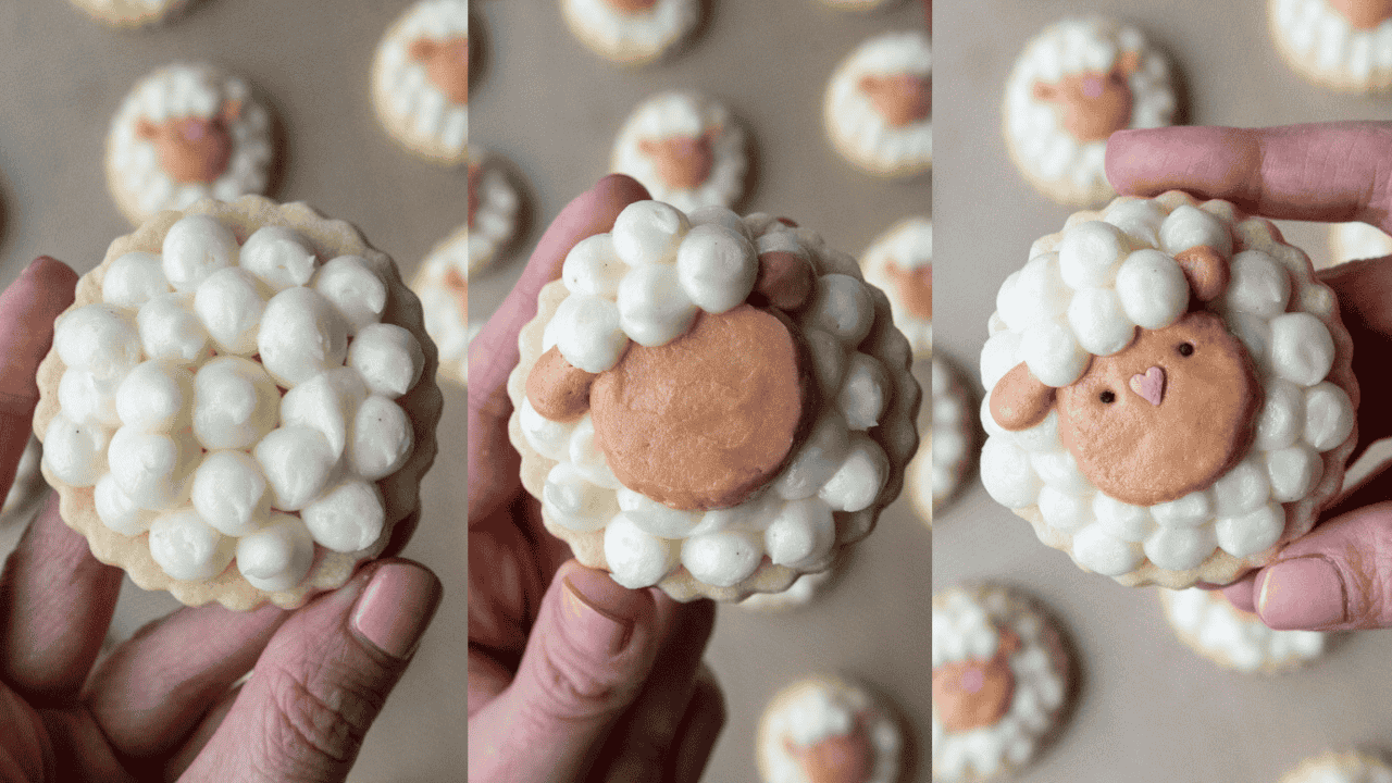 image of sheep cookies being decorated with buttercream frosting