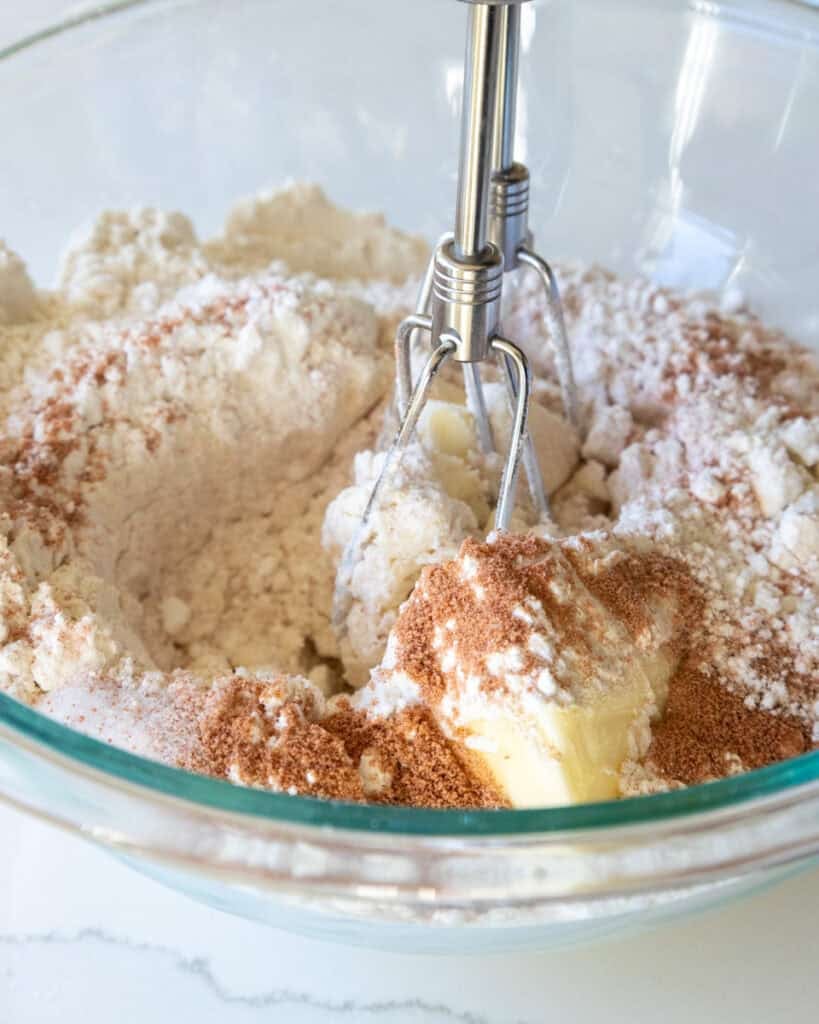 image of ingredients in a bowl that are about to be mixed together to make strawberry shortbread dough