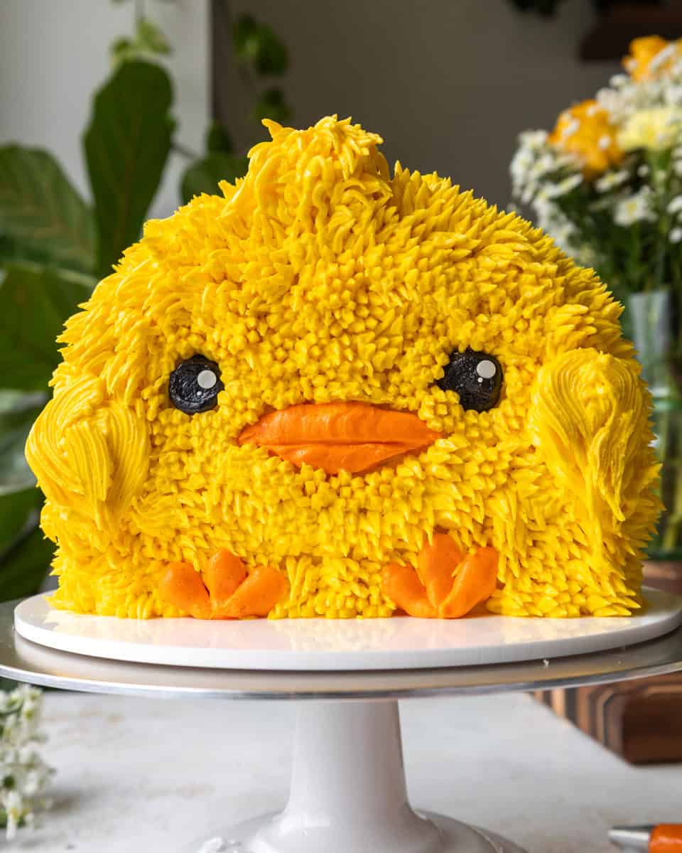 image of a cute Easter chick cake decorated with buttercream frosting