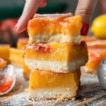 image of strawberry swirled lemon bars that have been stacked