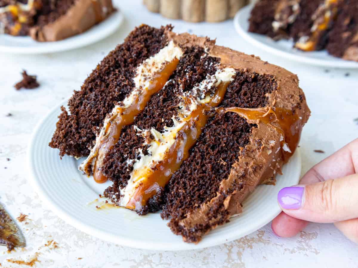 image of a slice of chocolate and salted caramel cake