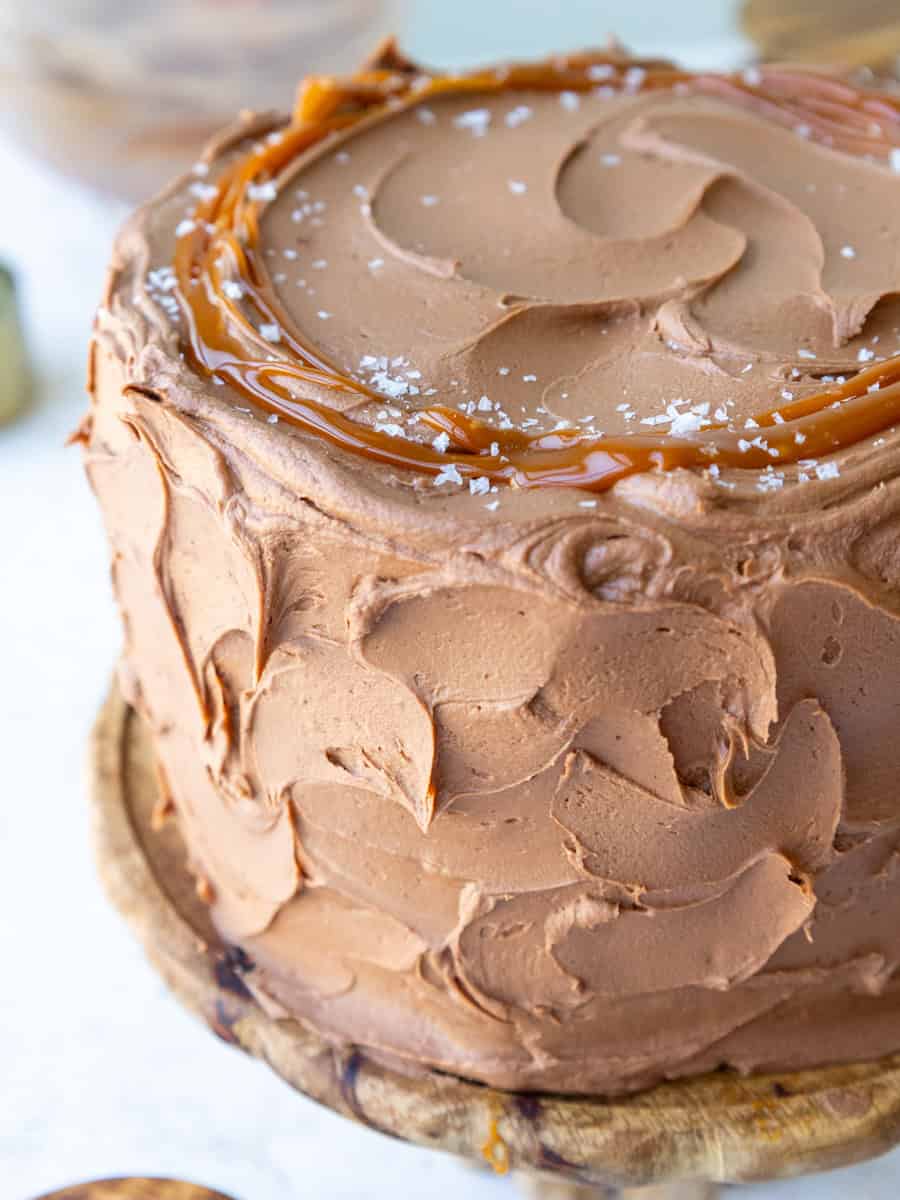 image of a chocolate and salted caramel cake that's been decorated with chocolate buttercream