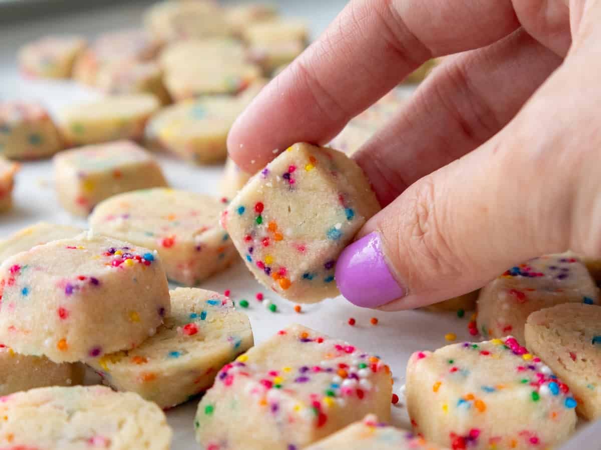 image of funfetti shortbread bite that's been baked and cooled