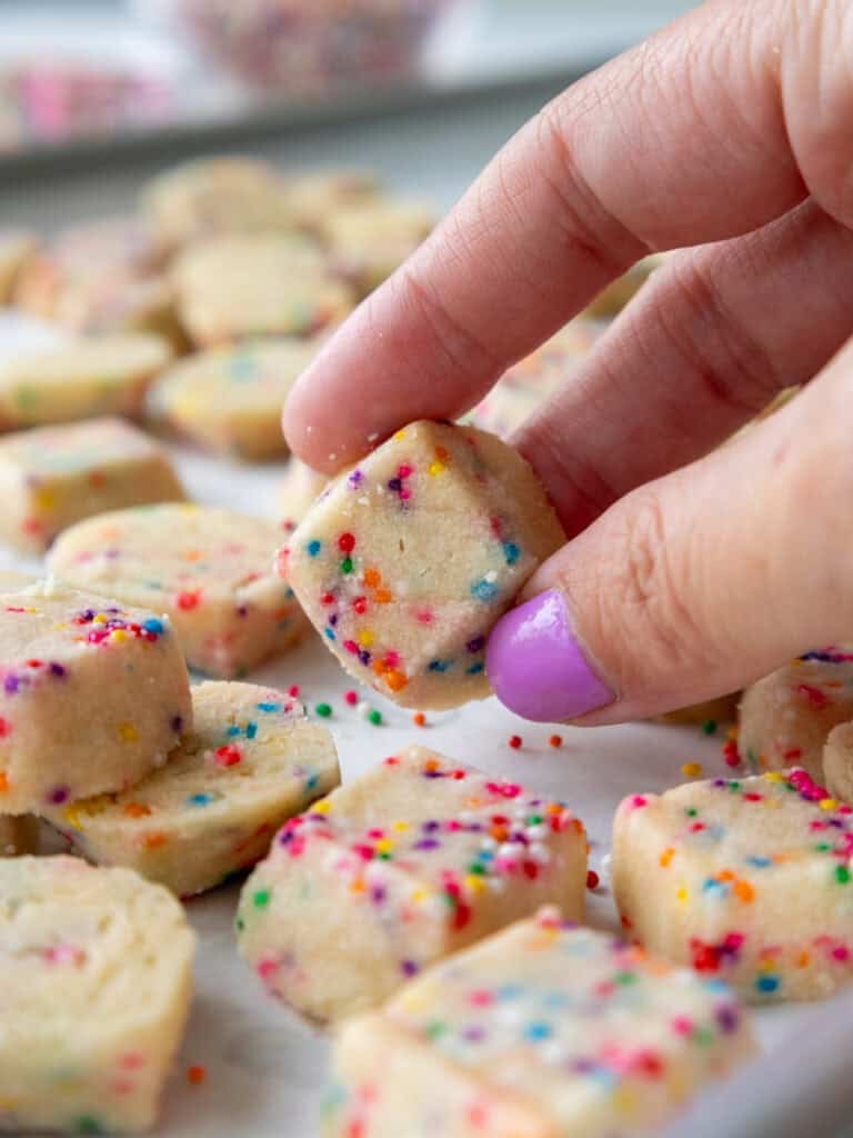 image of a cute funfetti shortbread cookie that's been baked with rainbow sprinkles
