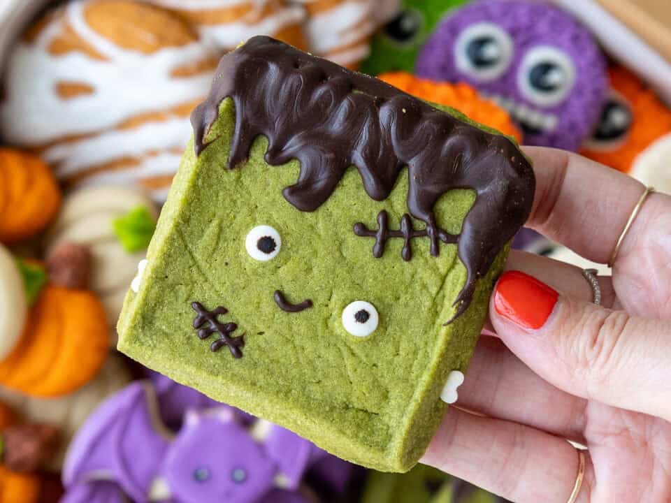image of a cute frankenstein cookie that's been made for halloween