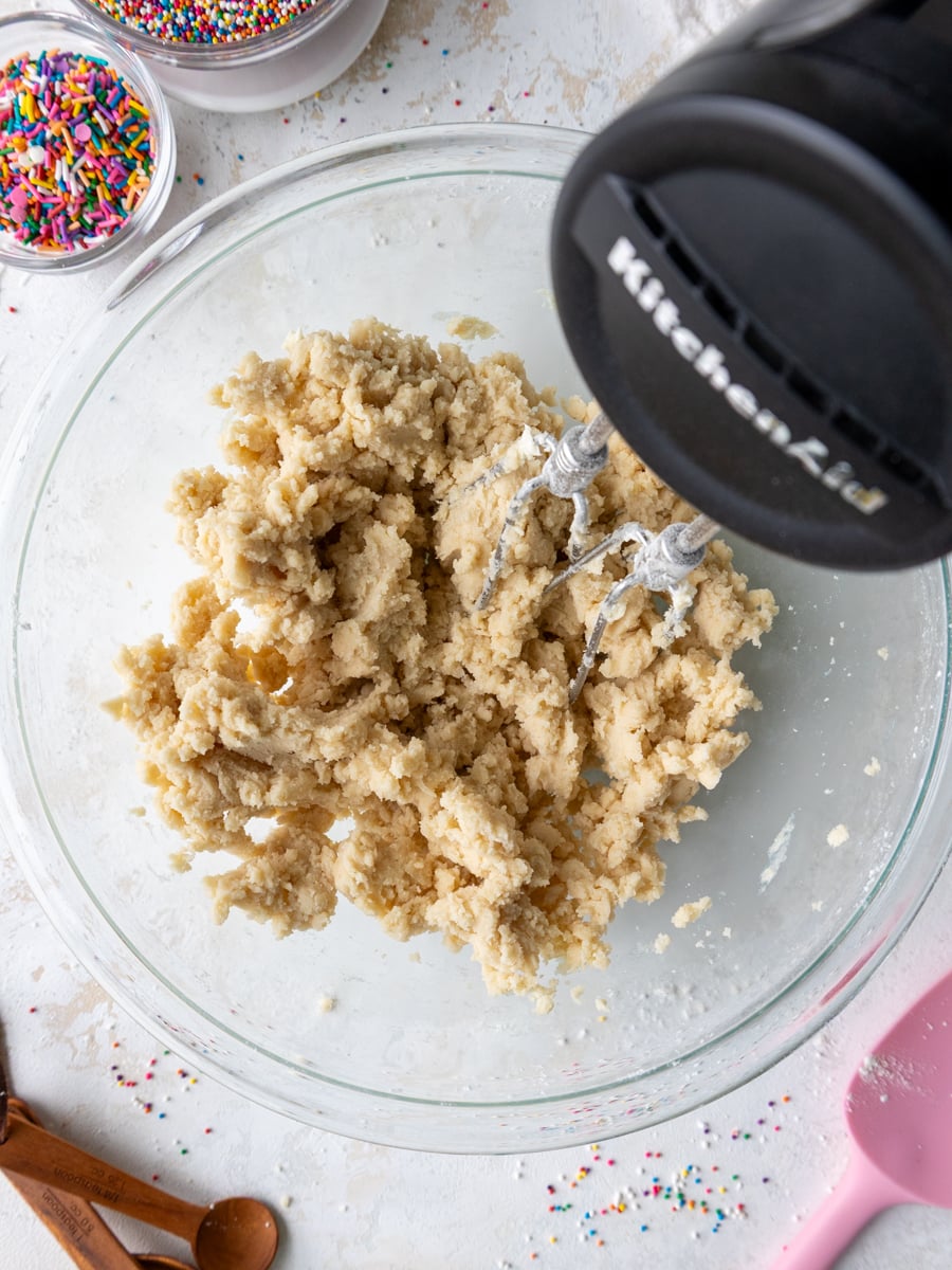 image of shortbread cookie dough being made in a glass bowl